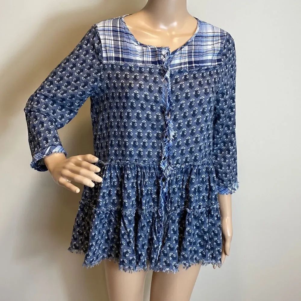 Oddy floral plaid print fringe detailing long sleeve peplum boho top size S